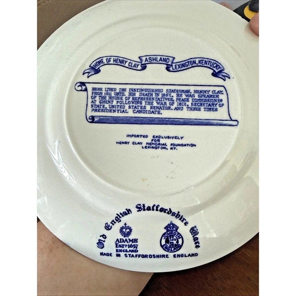 Adams Home of Henry Clay Ashland Lexington KY Blue White Plate 7 In England